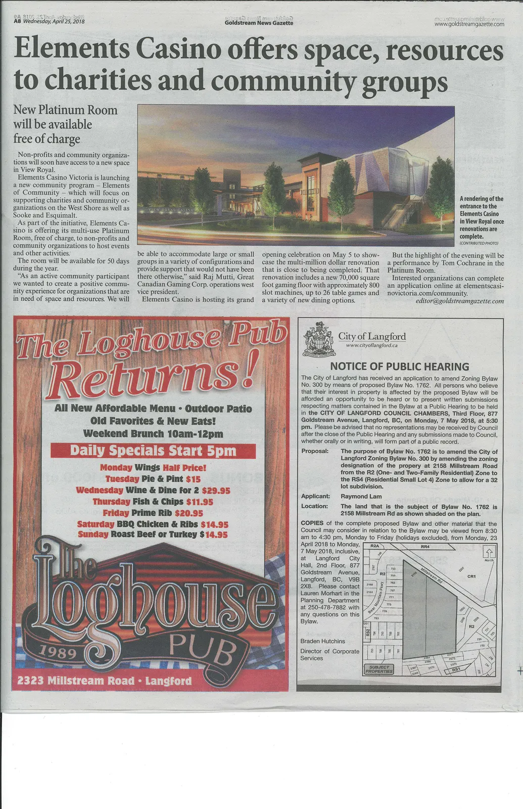 A rendering of the entrance to the Elements Casino in View Royal once renovations are complete.