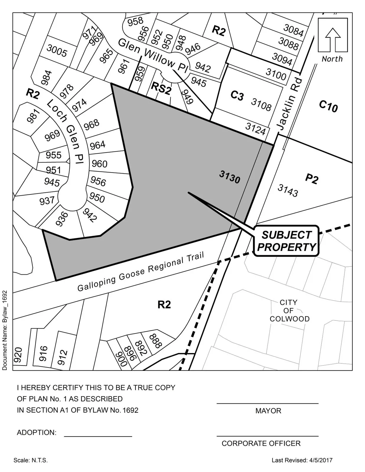 (Document image) Excerpt from Bylaw No. 1692 covering Table 1 of Schedule AD