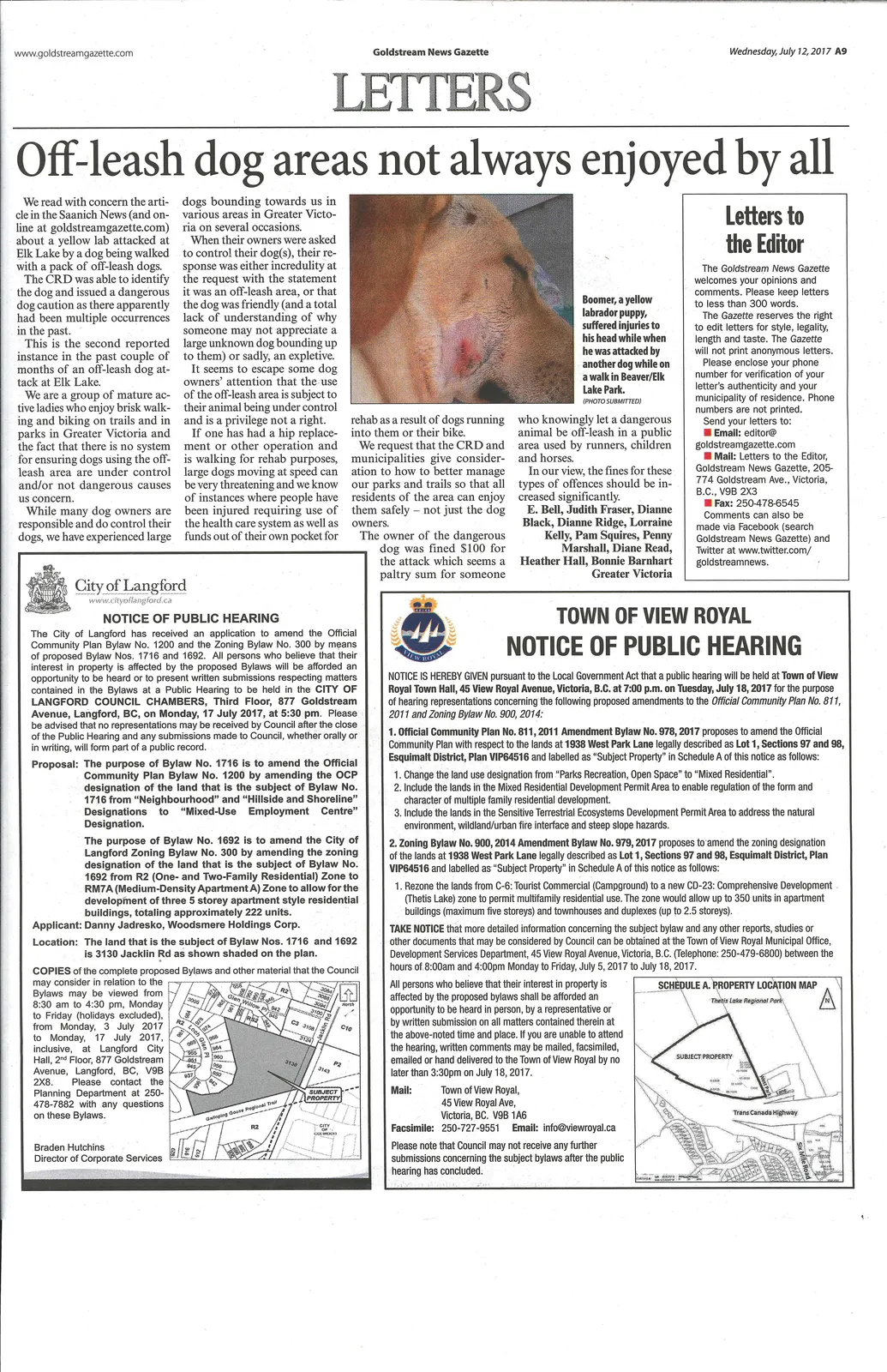Property location map (Schedule K / Thetis Lake Regional Parks / Town of View Royal area) appearing in the newspaper notice section