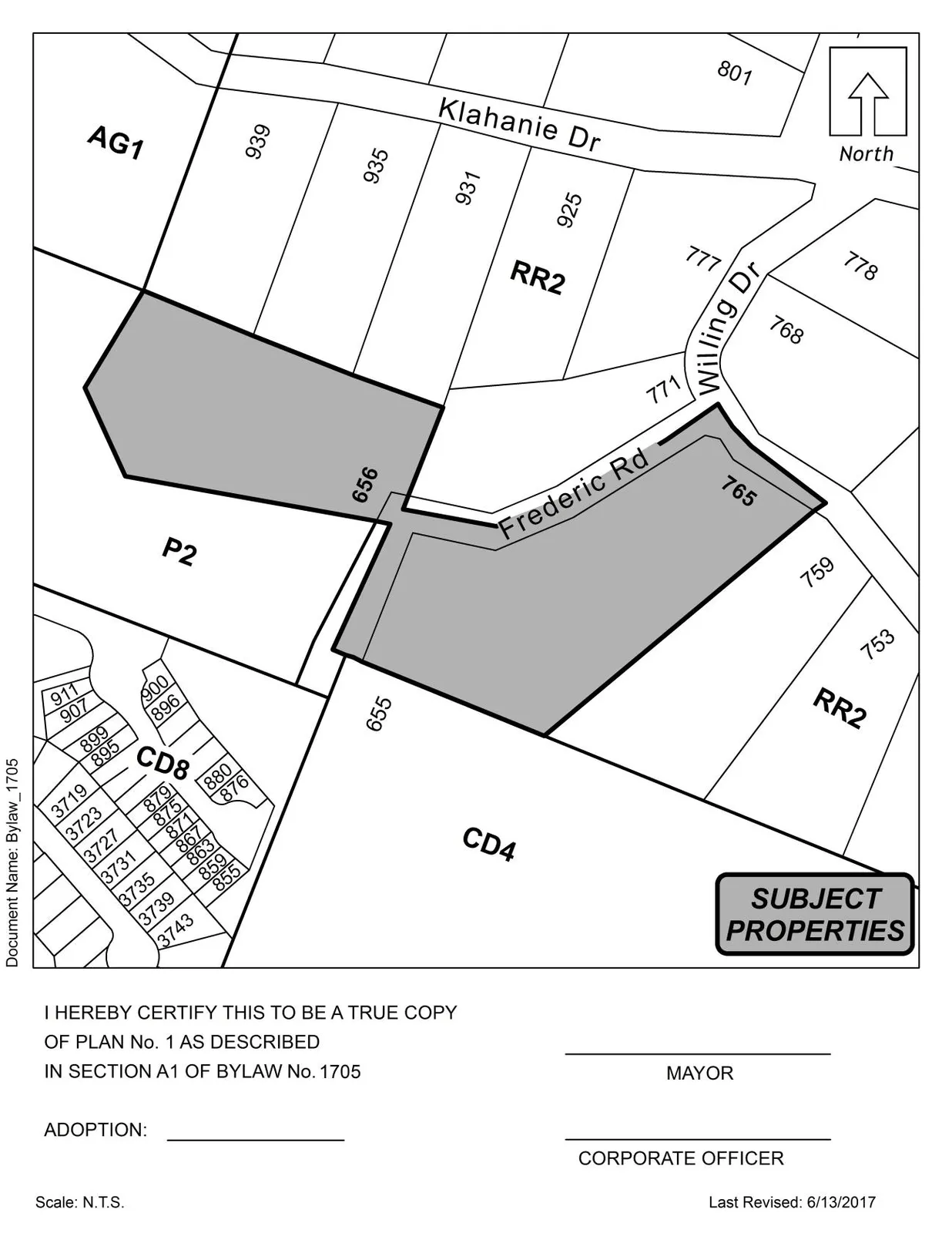 Plan No. 1 showing shaded portions of LOT 1 (656 Frederic Rd) and LOT 4 (765 Willing Dr).