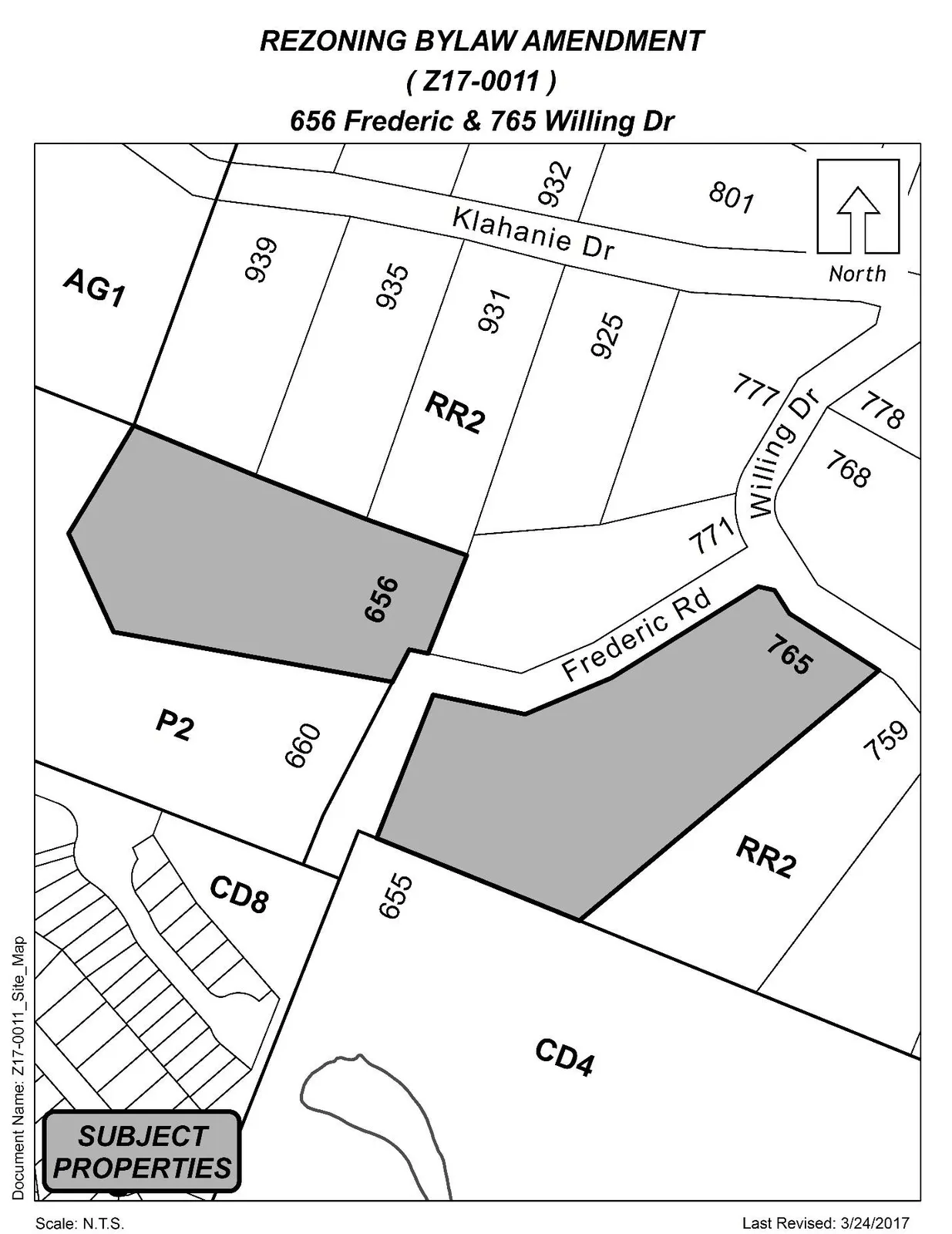 Shaded plan referenced in the Public Hearing Notice showing 656 Frederic Rd and 765 Willing Dr.