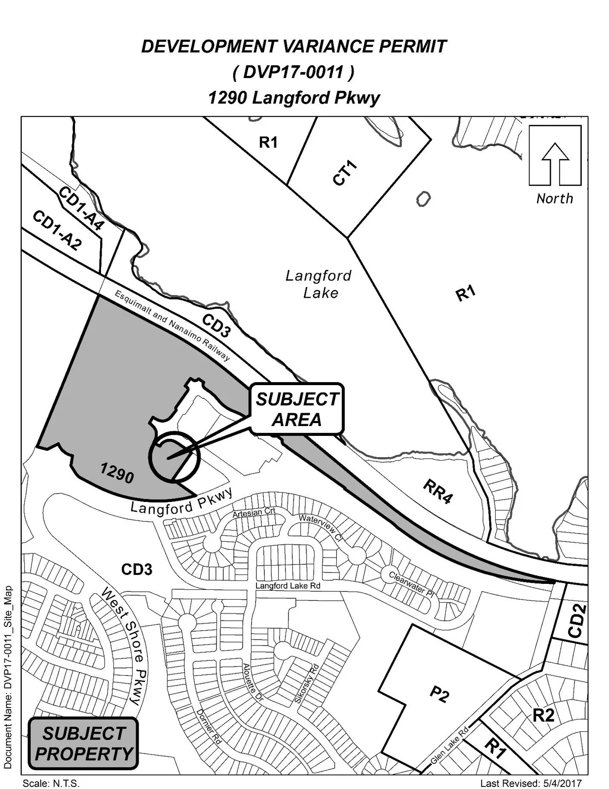 Site map showing subject property at 1290 Langford Parkway — "SUBJECT AREA" and surrounding zoning designations