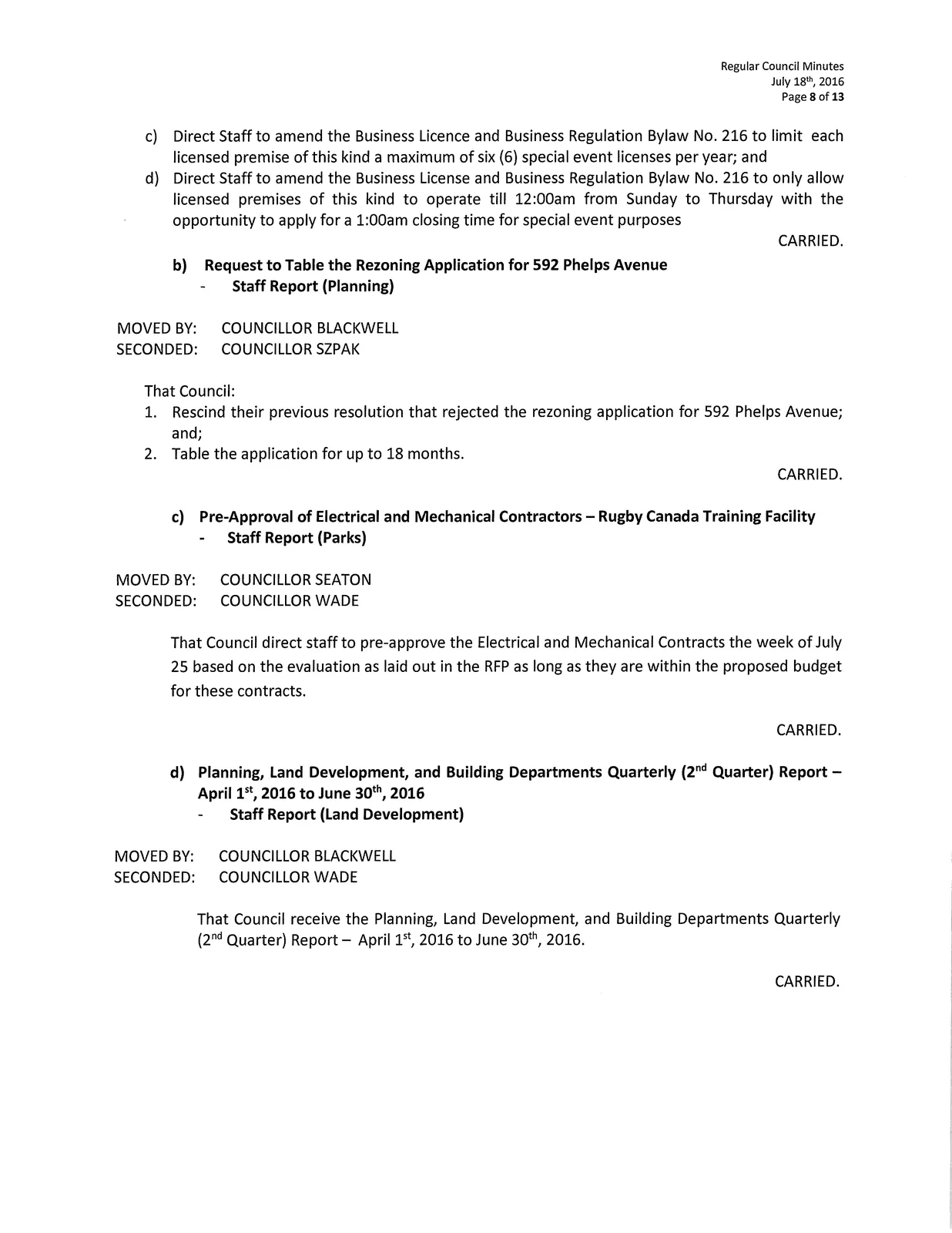 Regular Council Minutes (July 18th, 2016) scanned page