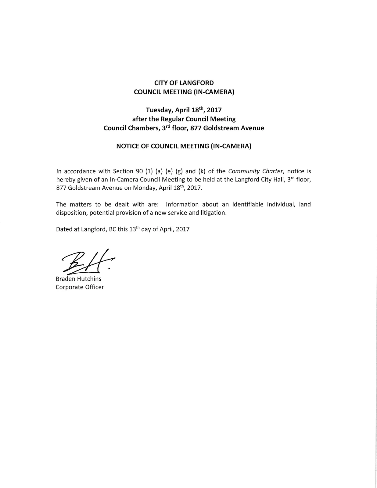 Notice of Council Meeting (In-Camera) document scan