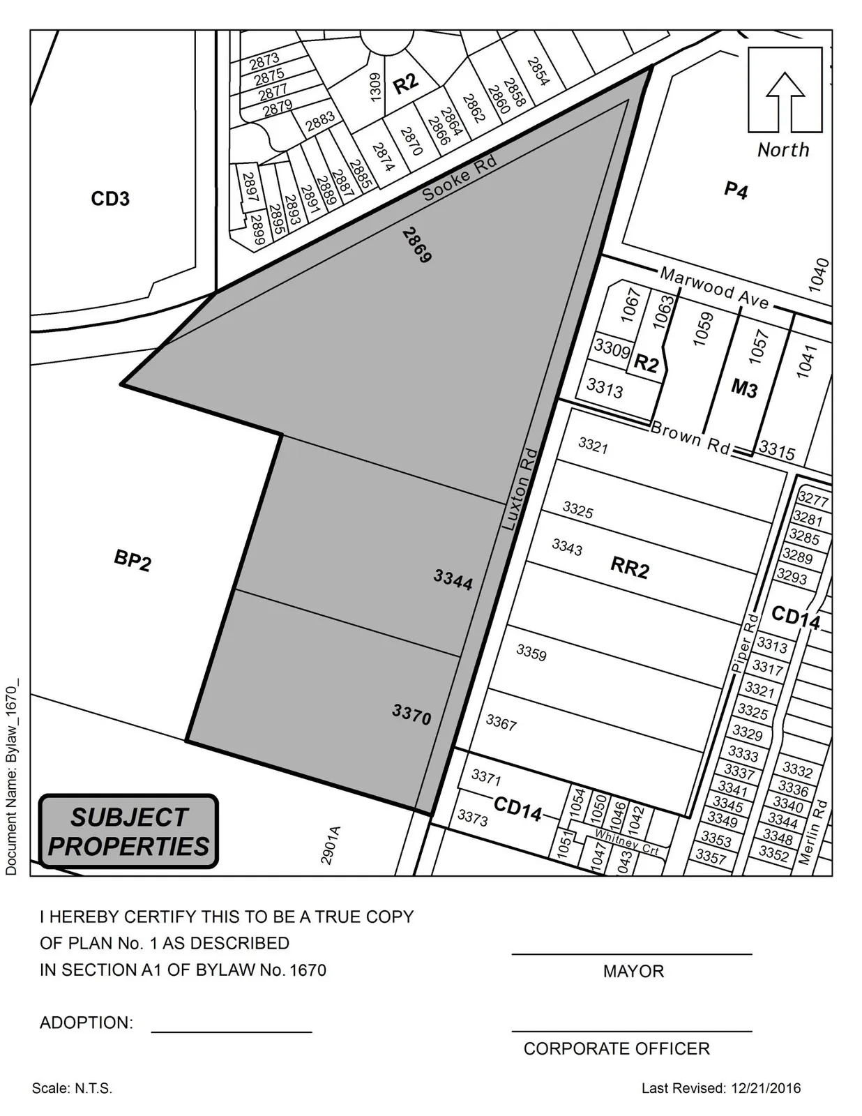 Plan No. 1 / Schedule SW map showing lands subject to Bylaw No. 1670