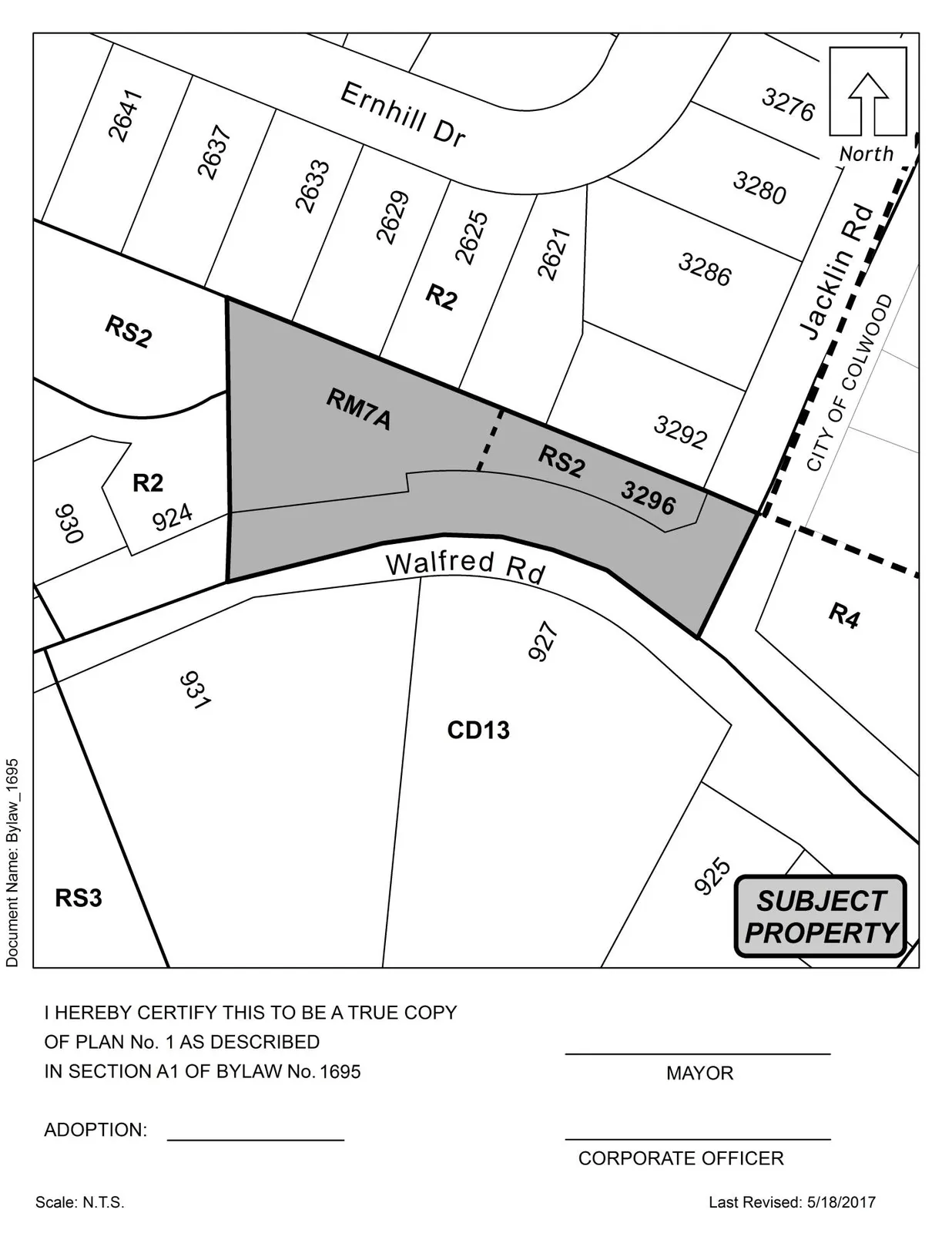 Plan No.1 showing the portion of LOT A, SECTION 84, ESQUIMALT DISTRICT, PLAN VIP51623 (3296 Jacklin Rd) shaded
