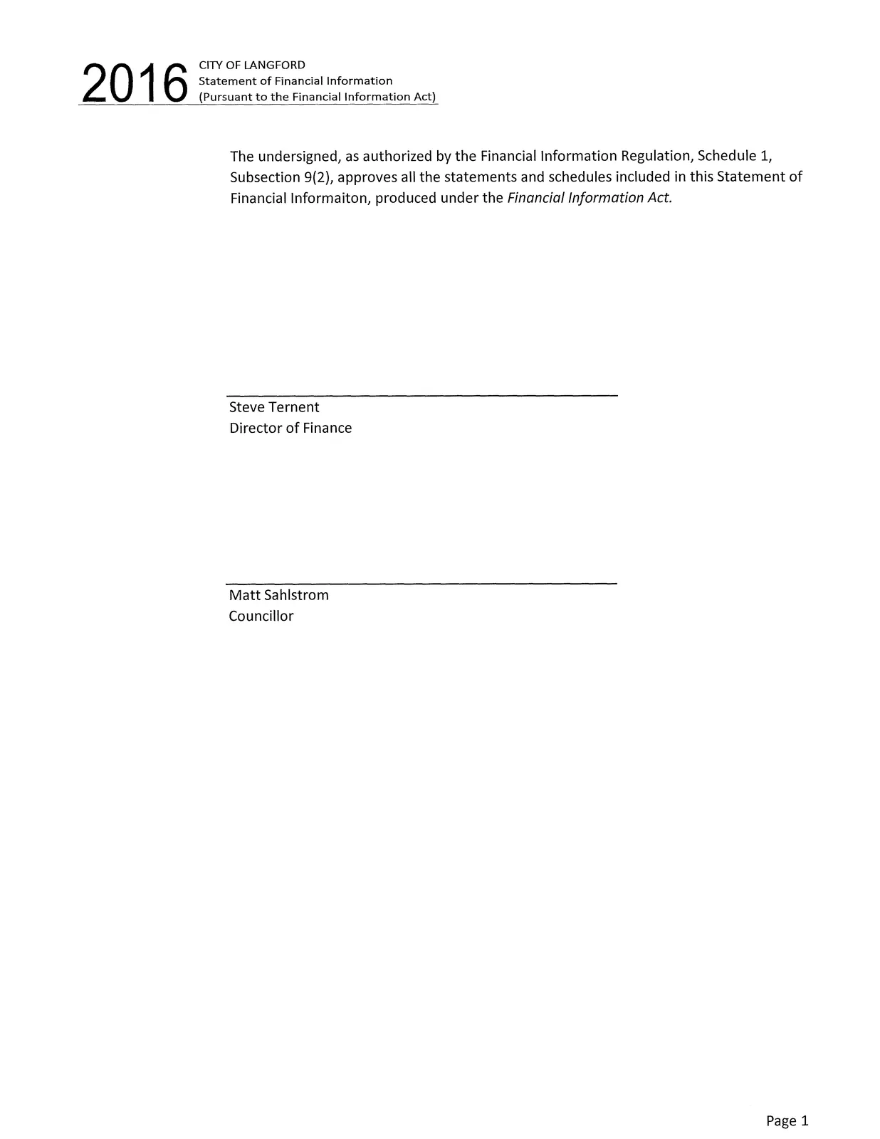 Statement of Financial Information approval signatures page