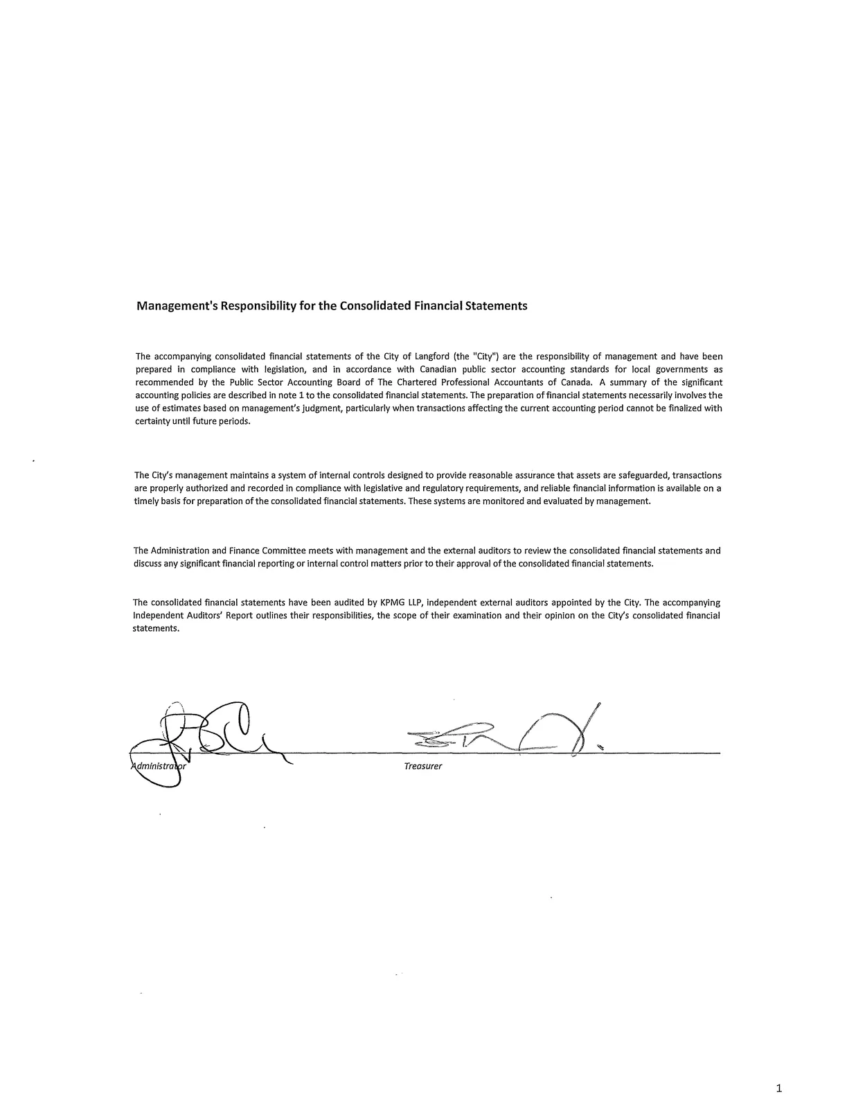 Management's Responsibility for the Consolidated Financial Statements page