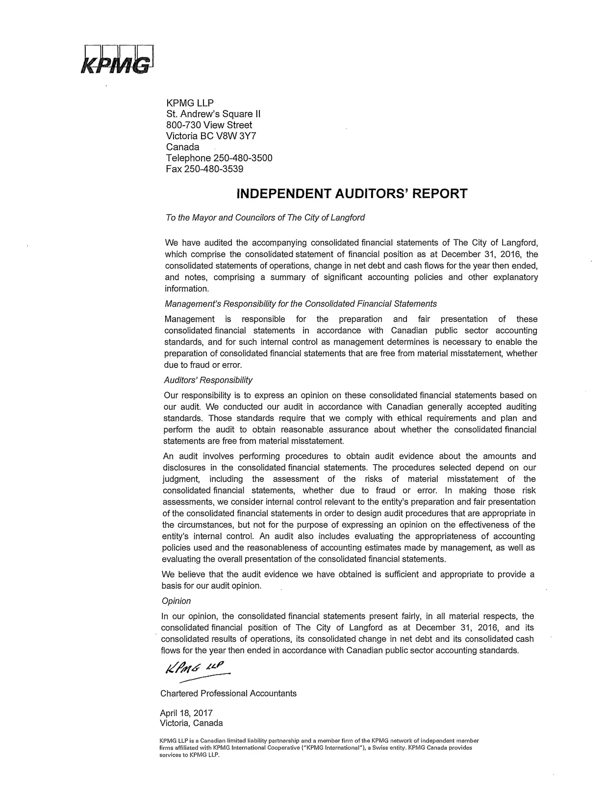 Independent Auditors' Report (KPMG) page