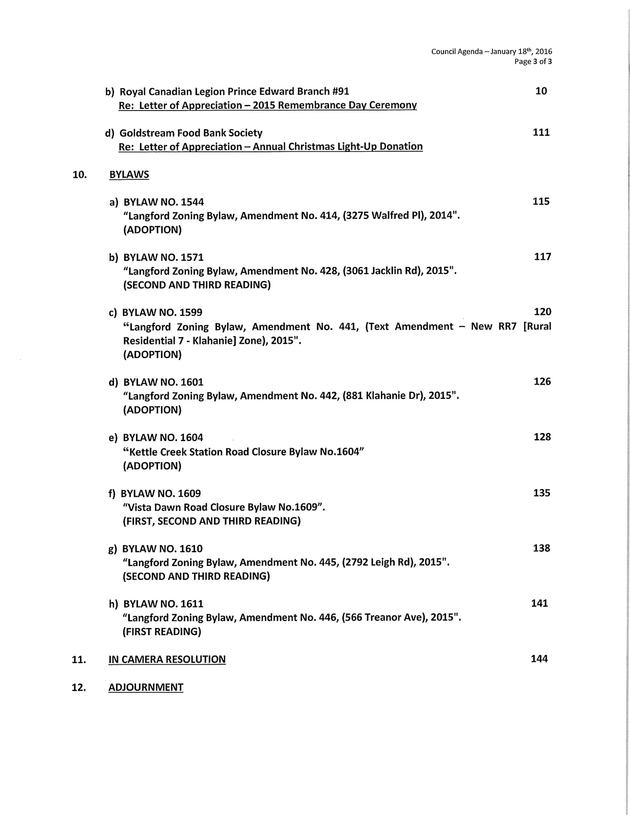 Agenda page 3 — correspondence continuation, bylaws, and closing items