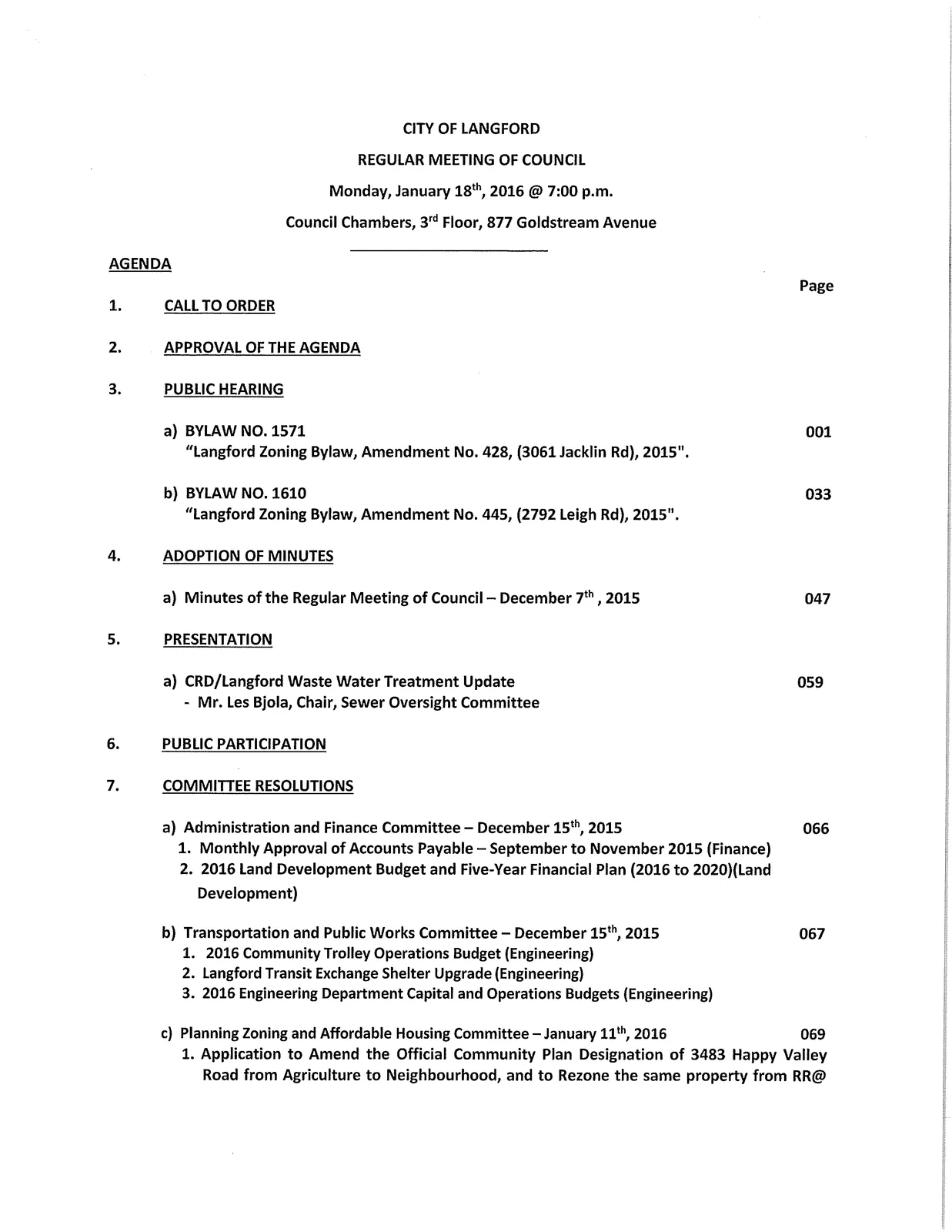 Agenda page 1 — meeting details and opening items