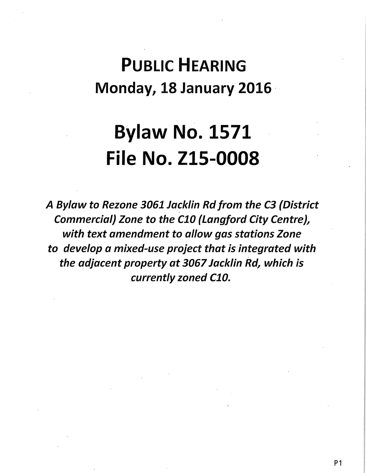 Public Hearing title and application summary