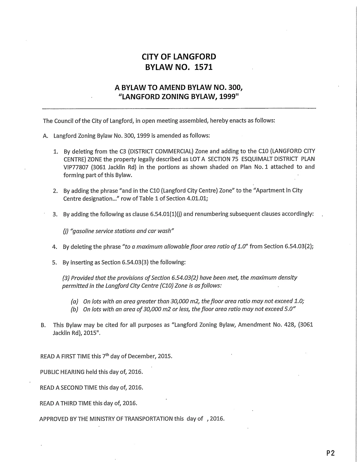 Bylaw No. 1571 formal cover / legislative text page