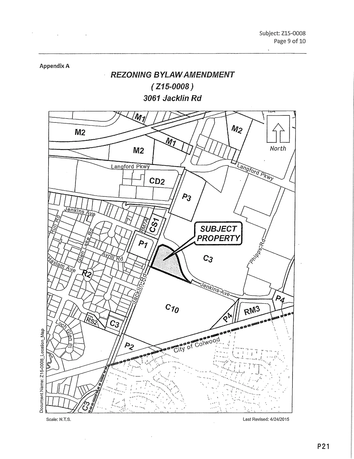 Appendix B — Rezoning Bylaw Amendment map / plan (scale N.T.S., Last Revised: 4/24/2015)