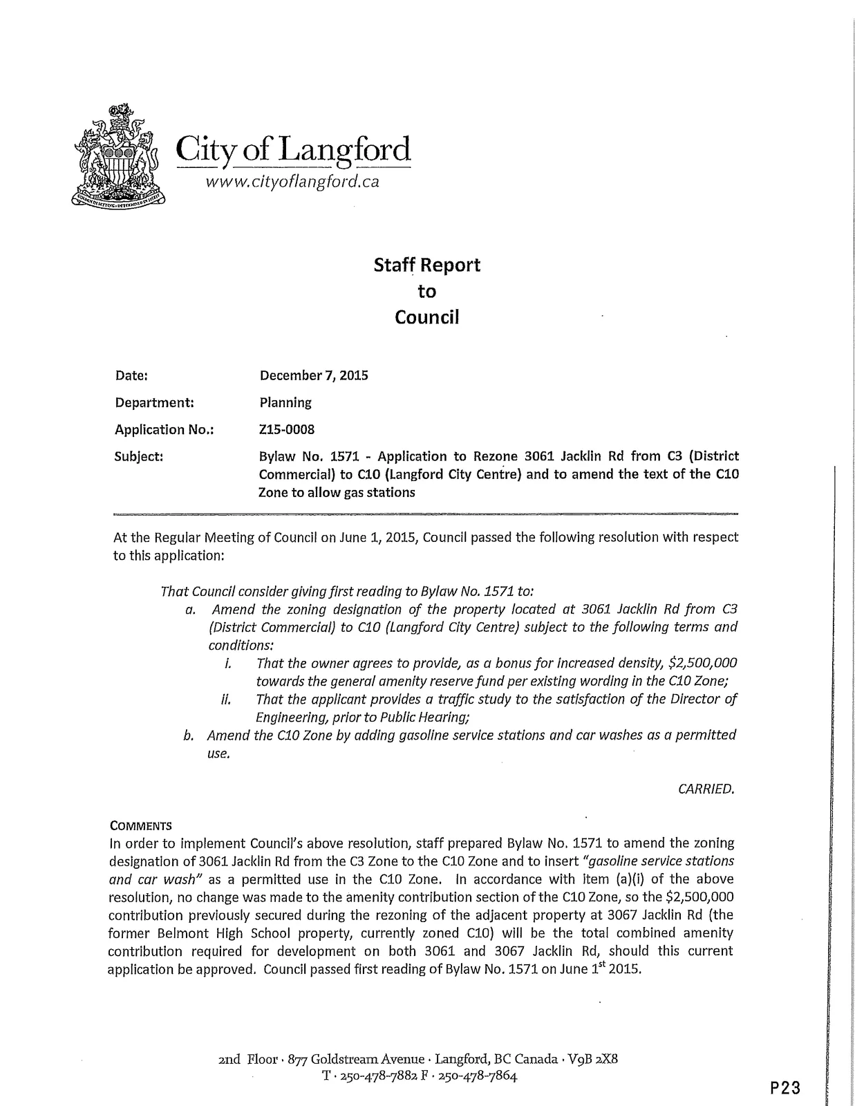Staff sign-off block: Matthew Baldwin, Director of Planning; Michelle Mahovlich, Director of Engineering; Steve Ternent, Treasurer; Brent Molnar, Manager of Land Development; Jim Bowden, Administrator
