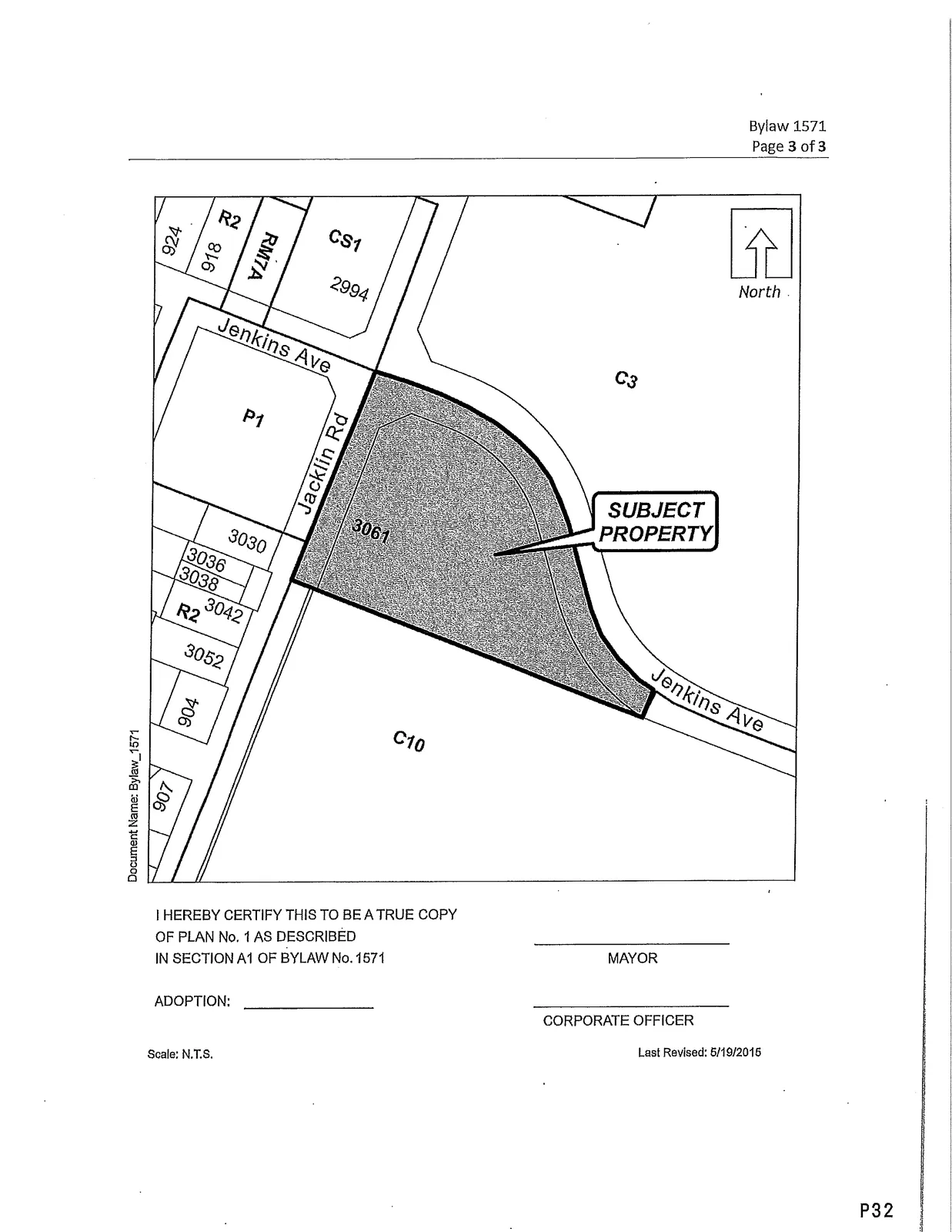 Plan No. 1 certification block — "I HEREBY CERTIFY THIS TO BE A TRUE COPY OF PLAN No. 1 AS DESCRIBED IN SECTION Al OF BYLAW No.1571"; Scale: N.T.S.; Last Revised: 6/19/2016