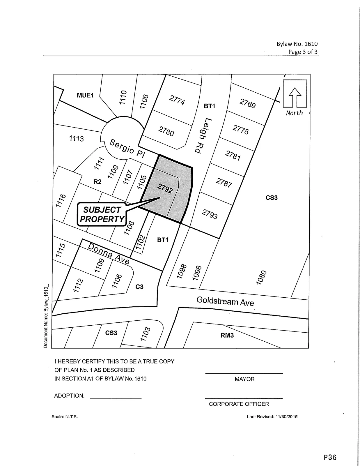 Plan No. 1 — shaded property map showing LOT 7, SECTION 99, ESQUIMALT DISTRICT, PLAN 22423 (2792 Leigh Rd)