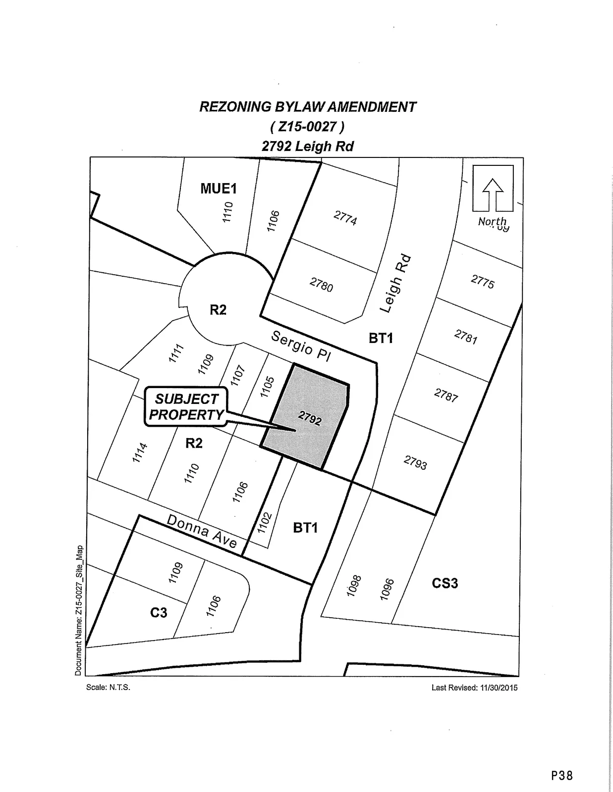 Rezoning map — REZONING BYLAW AMENDMENT (Z15-0027) showing 2792 Leigh Rd; Scale: N.T.S.; Last Revised: 11/30/2016