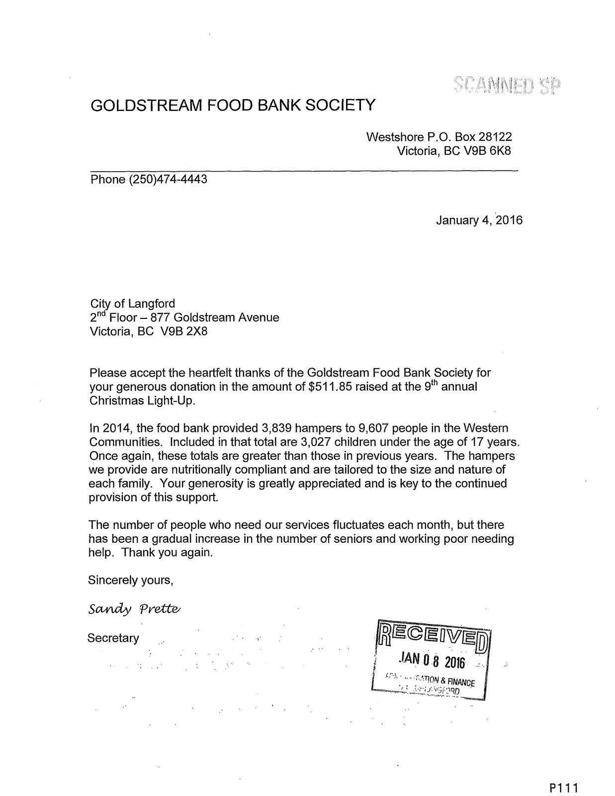 Letter from Goldstream Food Bank Society acknowledging donation