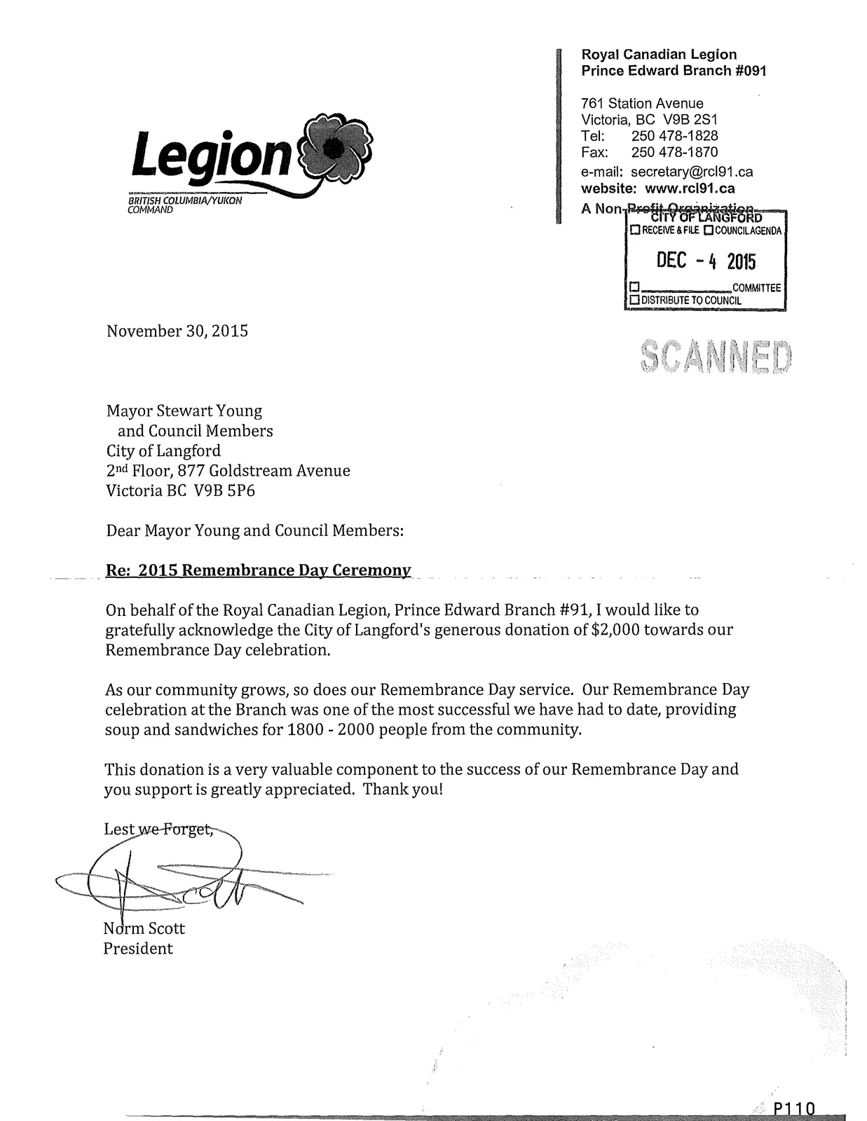 Letter from Royal Canadian Legion, Prince Edward Branch #091 acknowledging donation