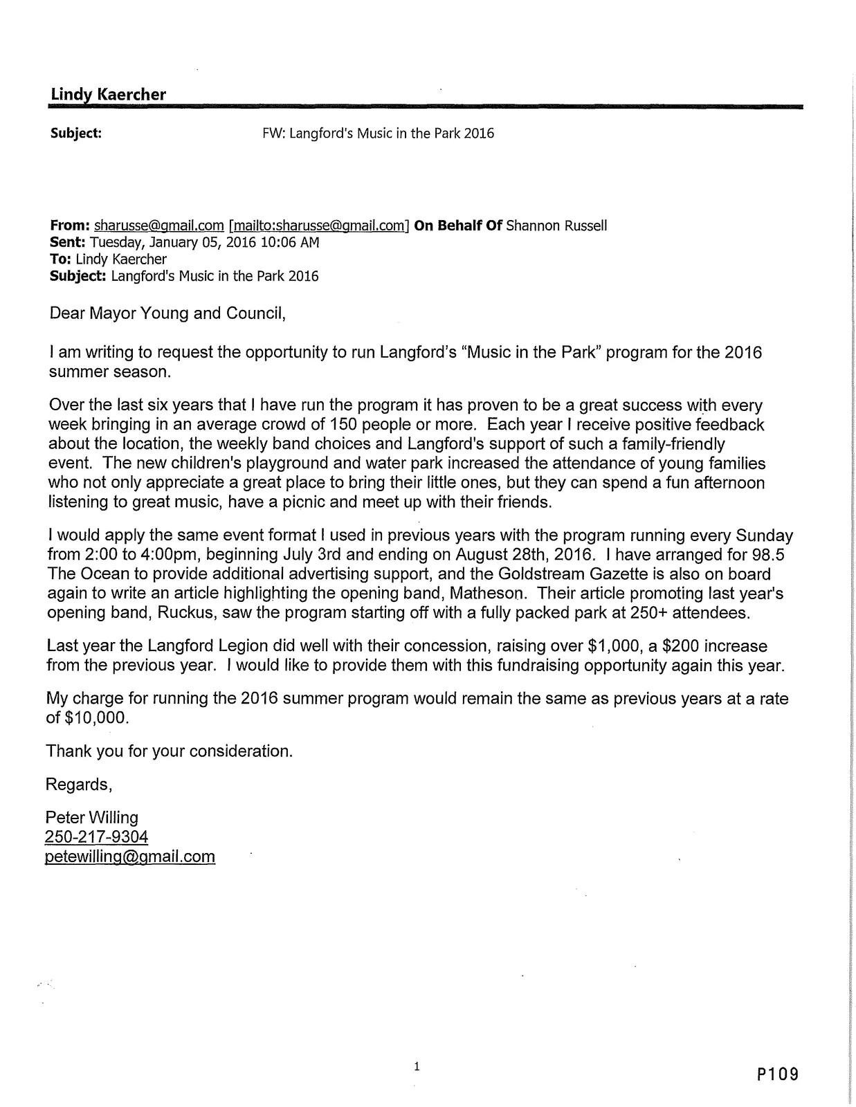Email regarding Langford's Music in the Park 2016