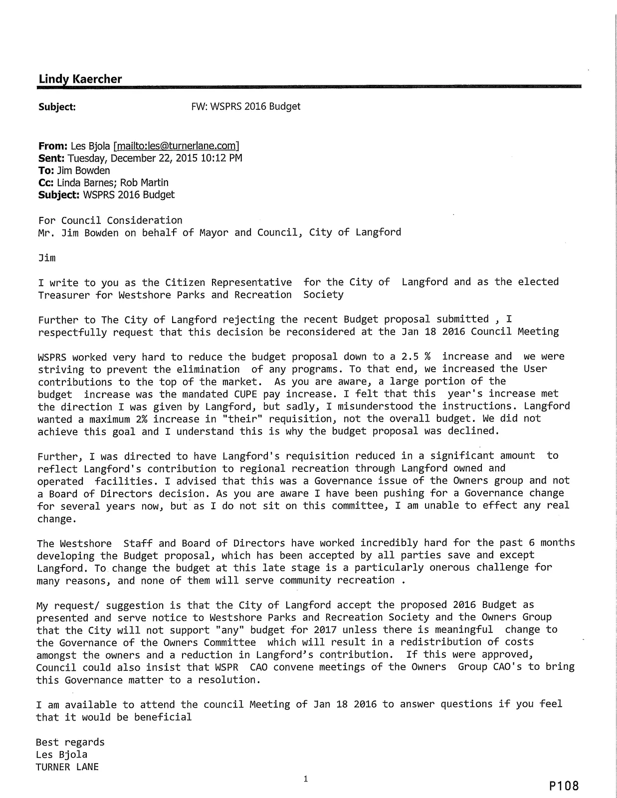 Email from Les Bjola regarding WSPRS 2016 Budget