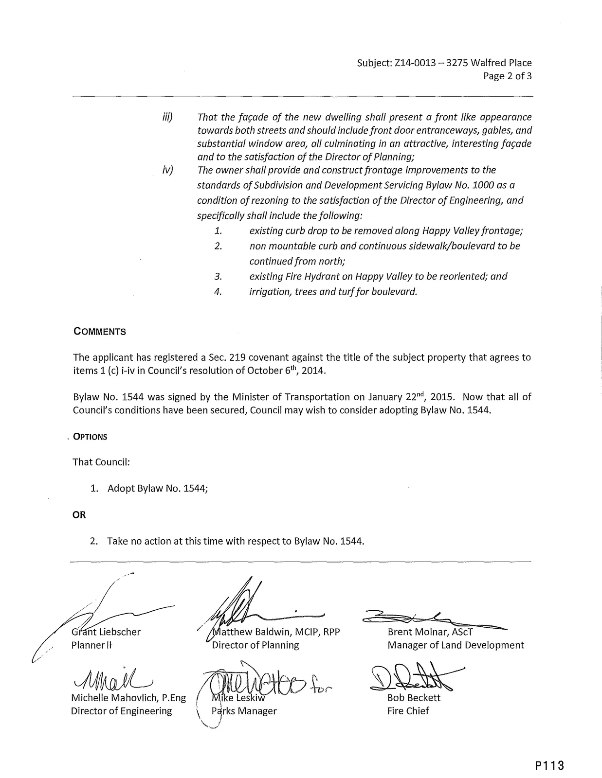 Continuation of staff report page (façade requirements and frontage improvements)