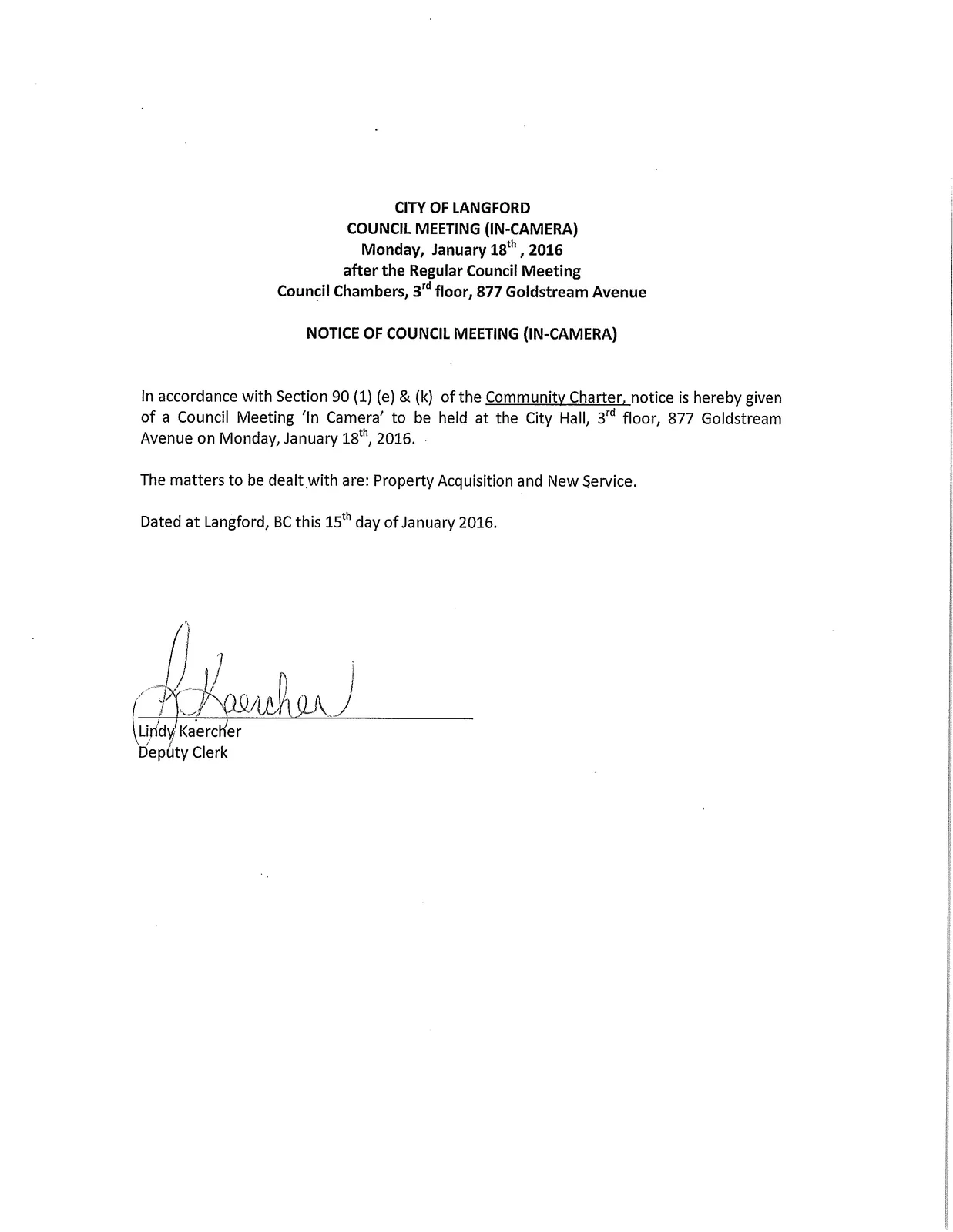 Notice of Council Meeting (In-Camera) document