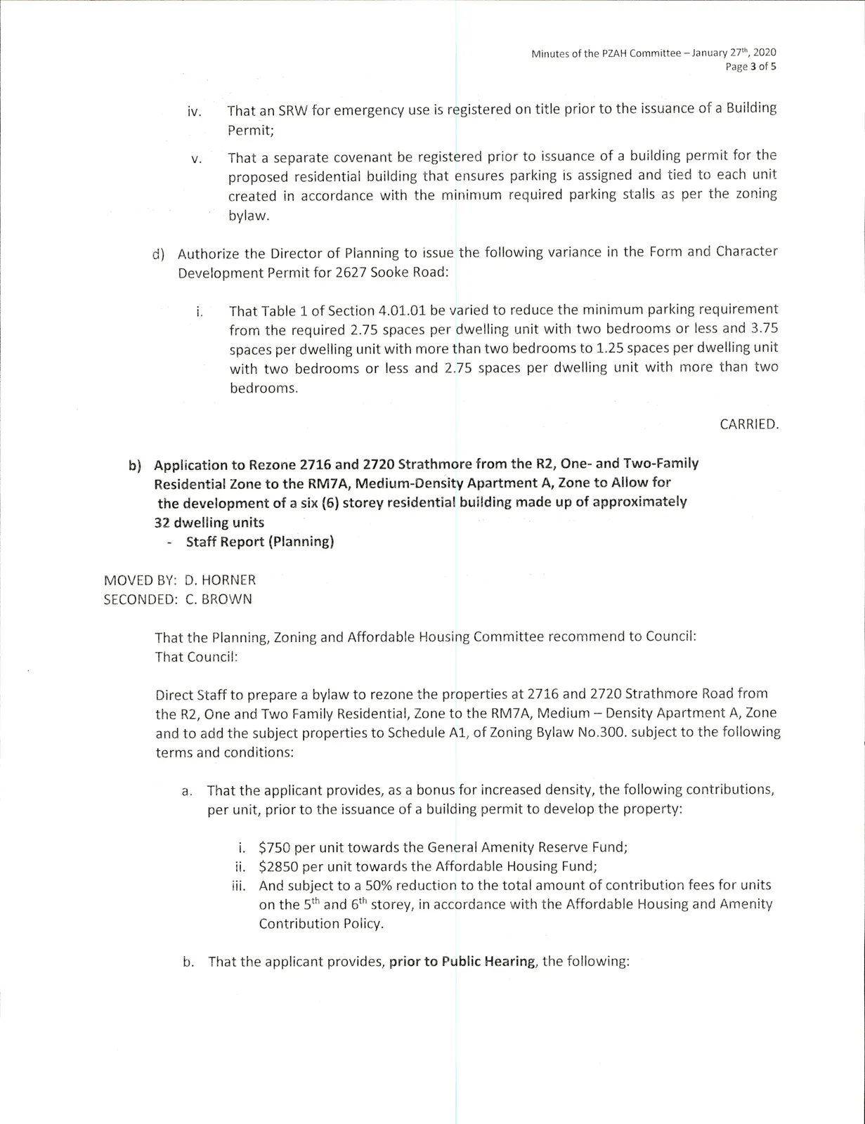 Scanned page of minutes — portion covering conditions for 2627 Sooke Road and rezoning application