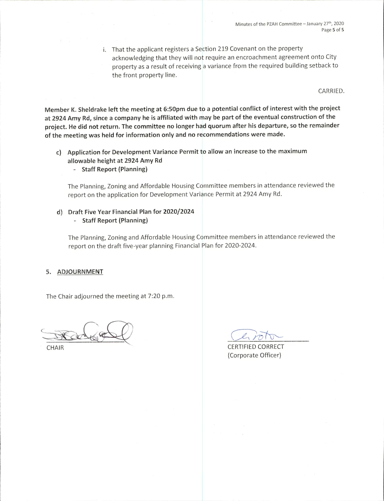 Scanned page of minutes — notes on quorum, Development Variance Permit (2924 Amy Rd), Draft Five Year Financial Plan, and adjournment