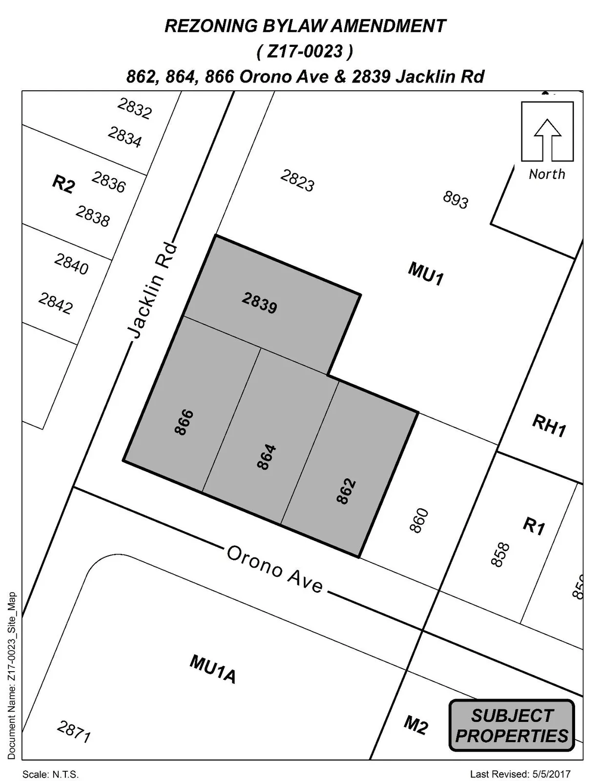 Site plan showing 2839 Jacklin Road with 862, 864 and 866 Orono Avenue shaded