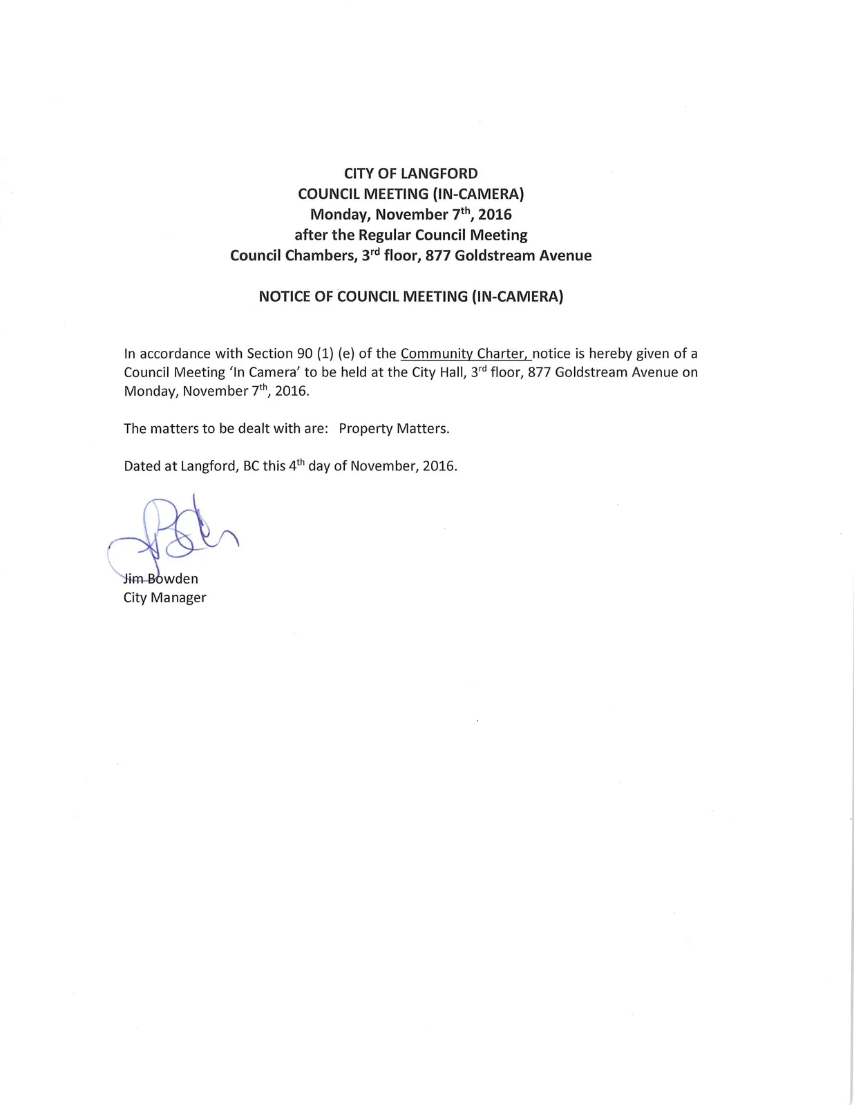 Notice of Council Meeting (In-Camera) document scan
