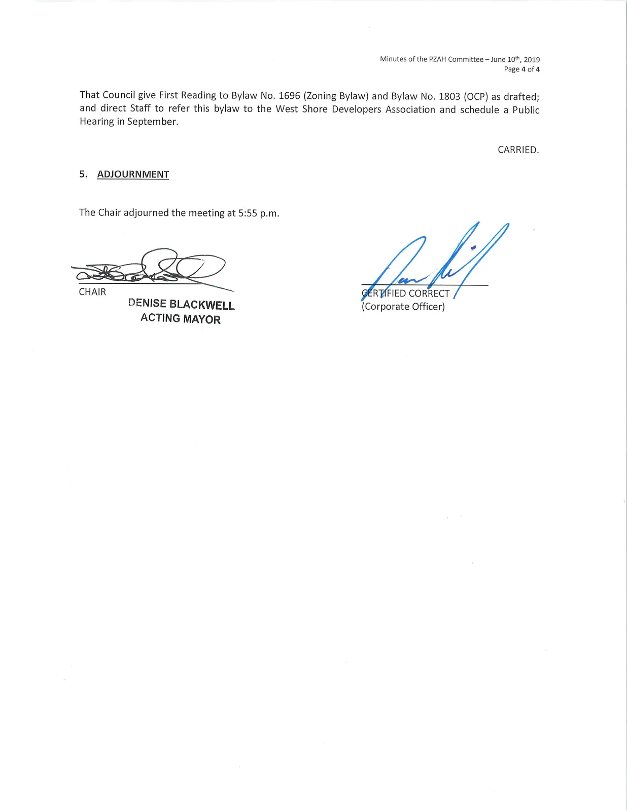 Page portion showing Bylaw No. 1696 and 1803 recommendation and adjournment