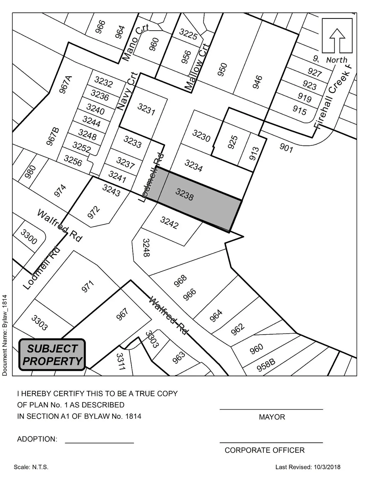 Plan No. 1 / Schedule A showing the portions shaded for LOT B (3238 Lodmell Road) — attached plan referenced in Bylaw No. 1814