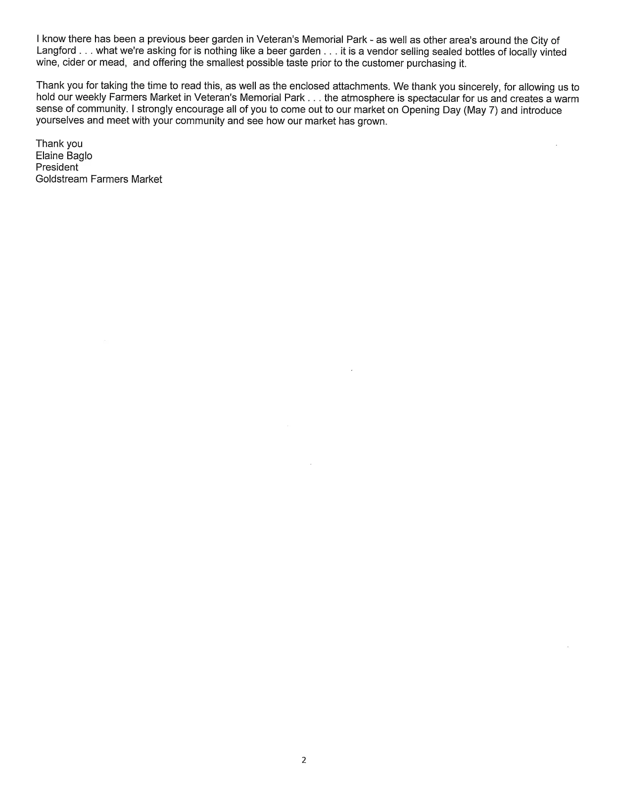 Continuation of letter from Elaine Baglo