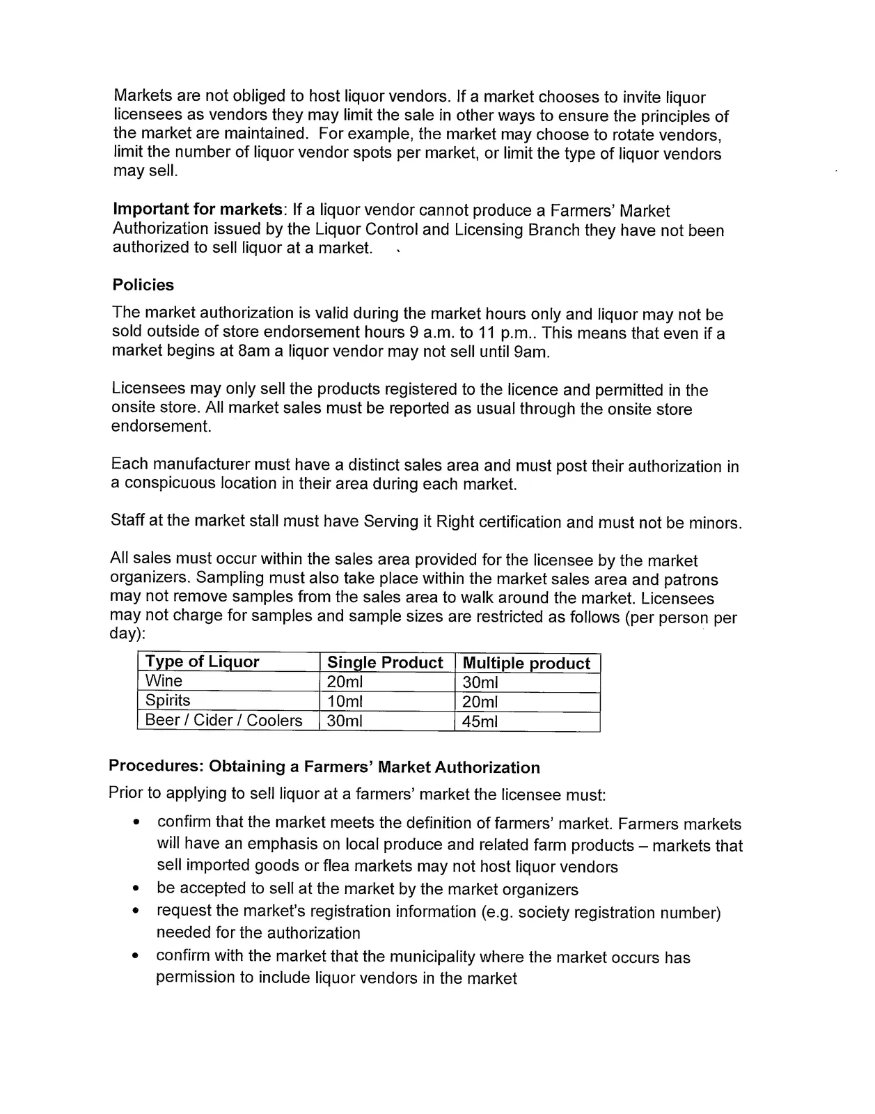 Table of sample sizes for liquor sampling limits