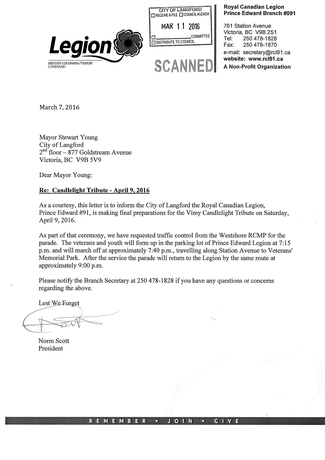 Letter from Royal Canadian Legion Prince Edward Branch #091 regarding the Vimy Candlelight Tribute