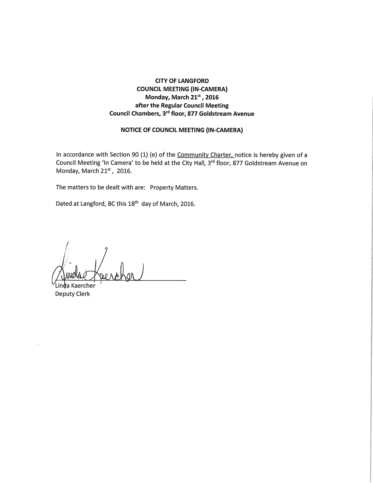 Notice of Council Meeting (In-Camera) — page scan