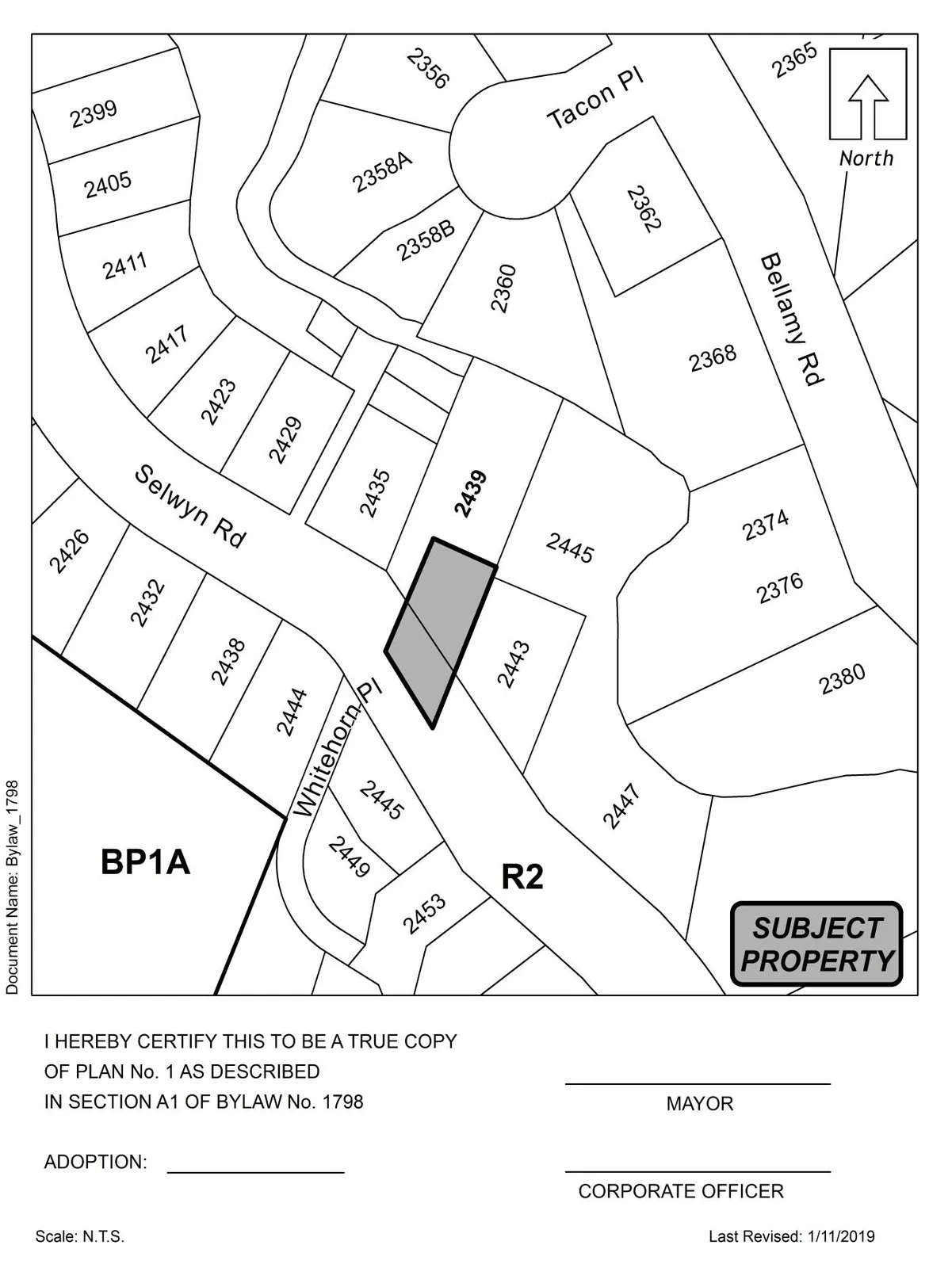 Plan No. 1 / Schedule A showing shaded portions of Lot 1 (2439 Selwyn Road)