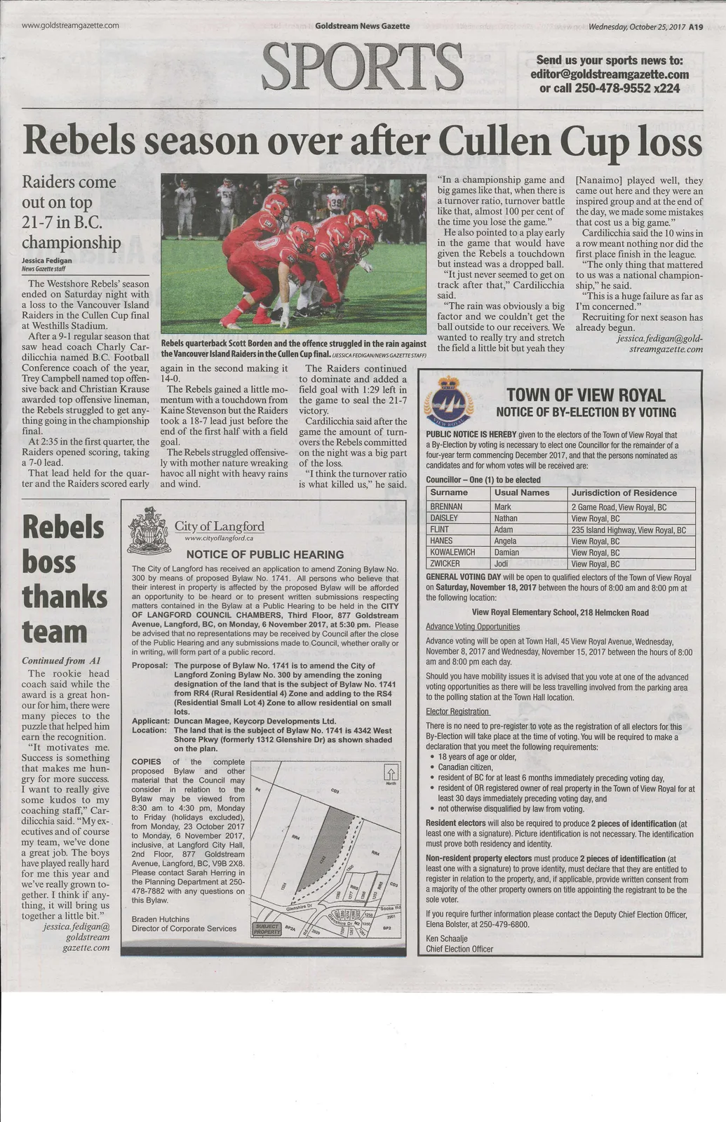 Rebels quarterback Scott Borden and the offence struggling in the rain against the Vancouver Island Raiders in the Cullen Cup final.