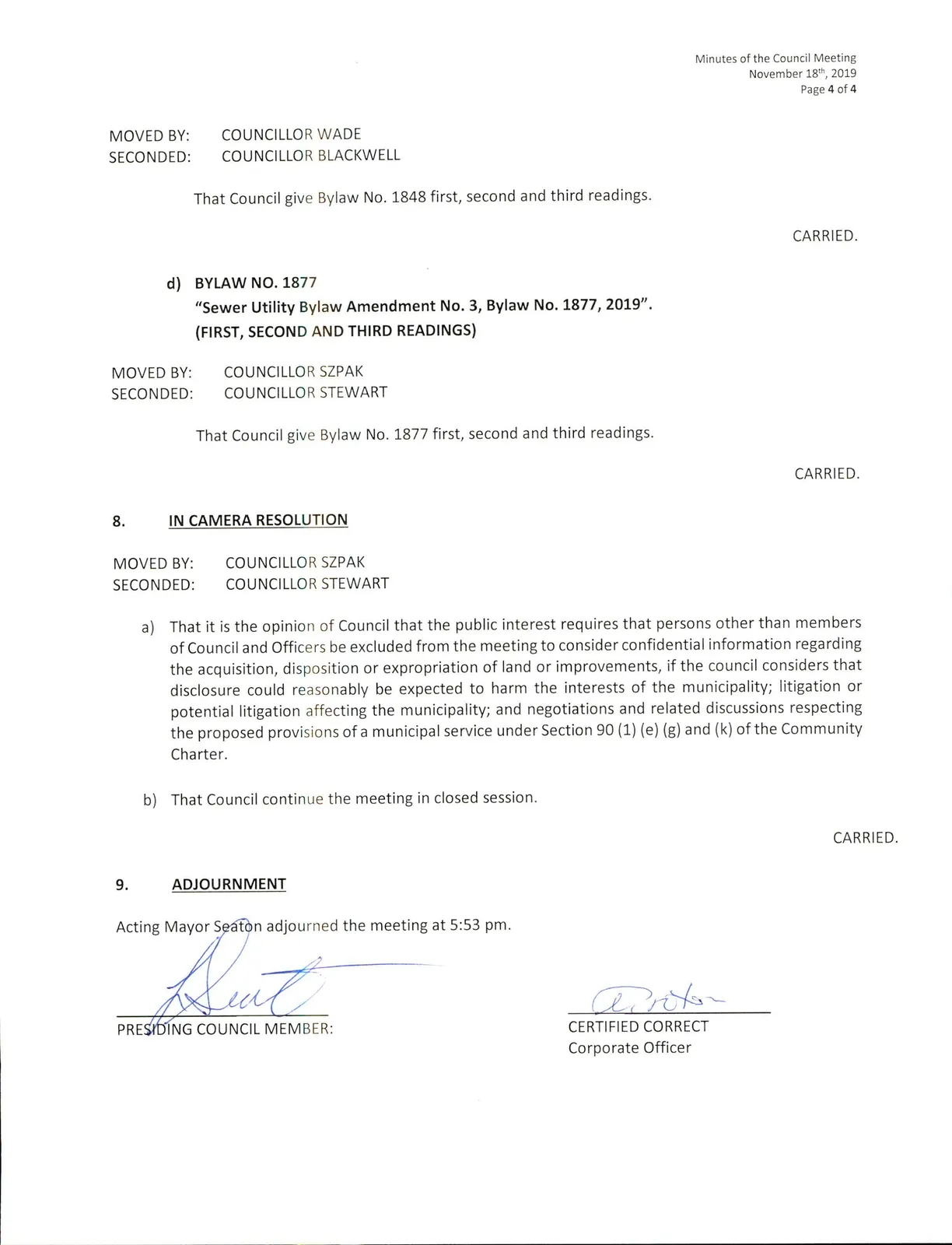 Page 4 — bylaws continued, in camera resolution, adjournment