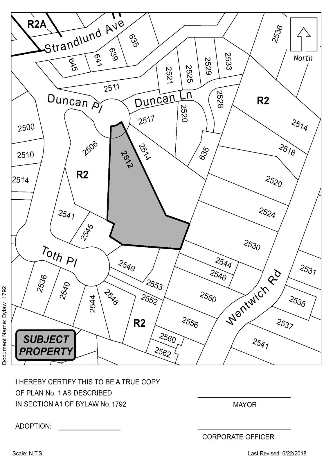 Plan No. 1 / Schedule A – shaded property map showing 2512 Duncan Pl