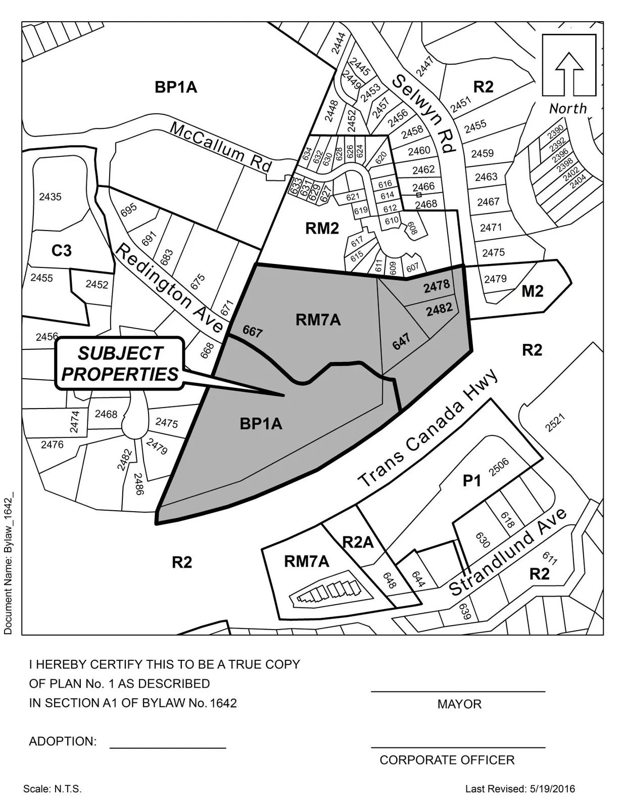 Map showing subject properties and zone boundaries for Bylaw No. 1642 (shaded area labeled "SUBJECT PROPERTIES", Trans Canada Hwy, Redington Ave, Selwyn Rd, zones BP1A and RM7A, north arrow)