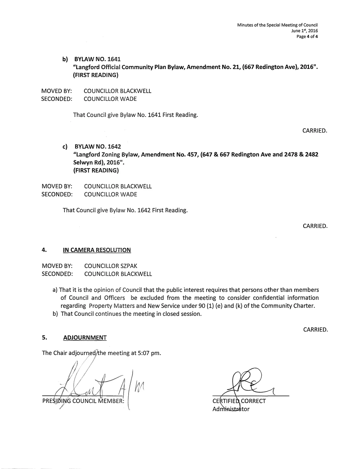 scanned page of Minutes - bylaws, in camera resolution, adjournment