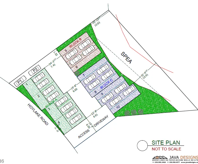 Proposed site plan showing layout of 10 townhouse units, driveway, visitor parking and proximity to SPEA