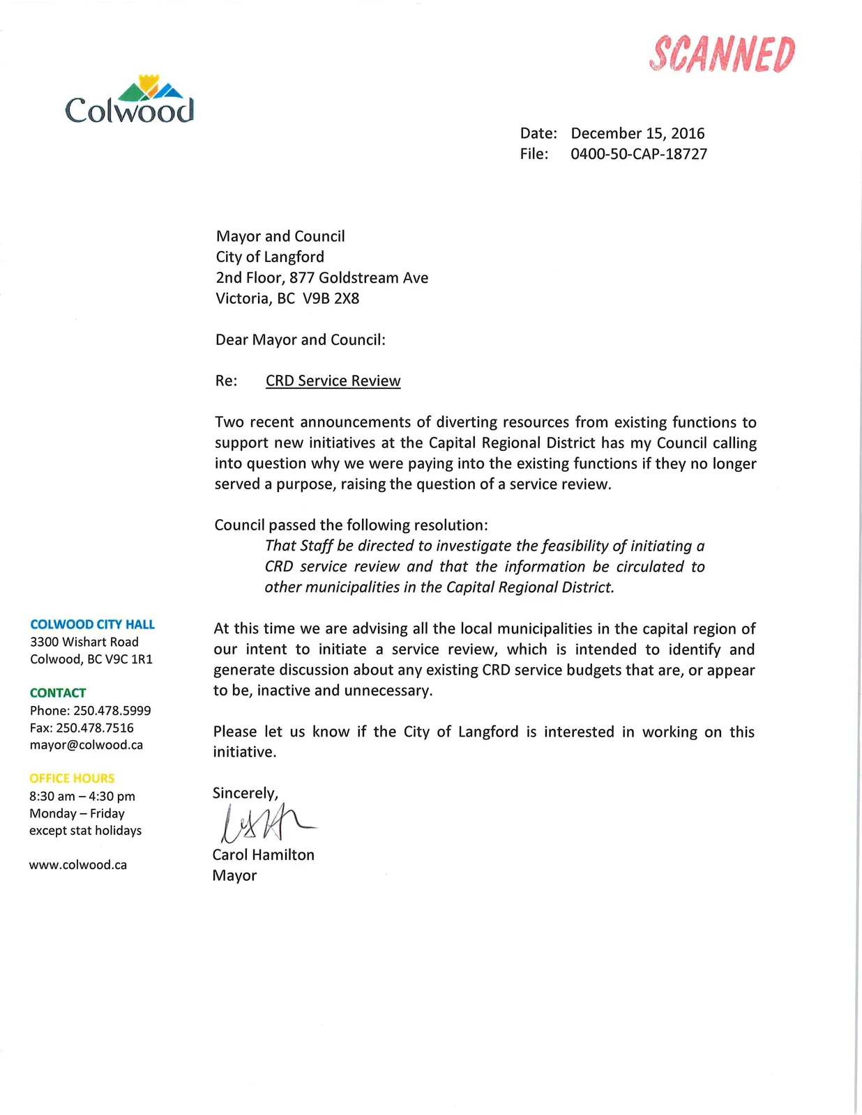 scanned letter from City of Colwood to Mayor and Council, City of Langford