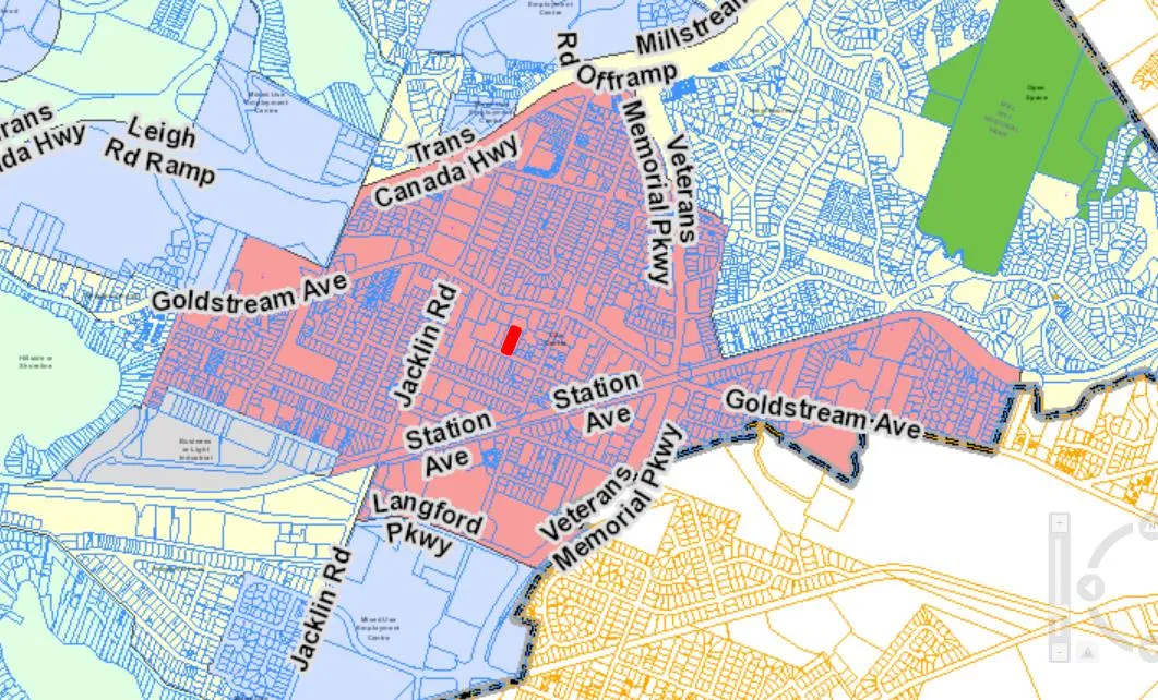Ortho Map showing the OCP designated City Centre Area (in pink) with Subject Parcel outline (in red)