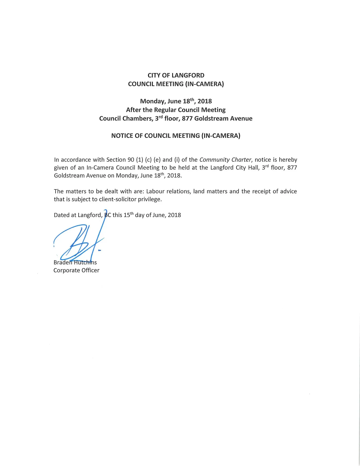 Notice of Council Meeting (In-Camera) page