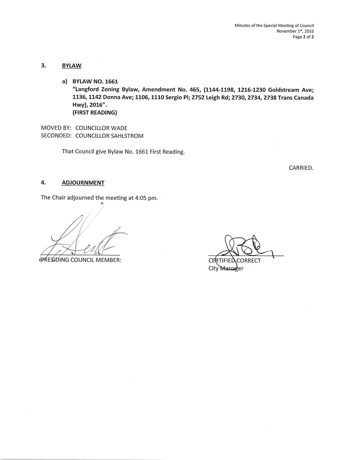 Page 2 of the minutes showing Bylaw No. 1661 text and adjournment