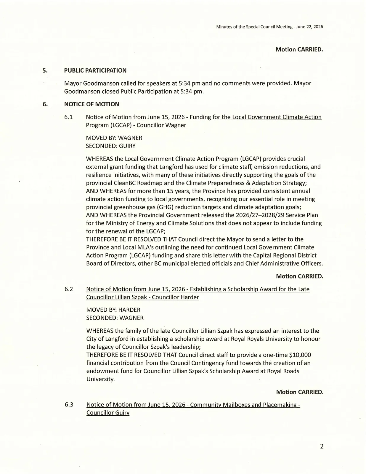 Notices of Motion - Funding for LGCAP and Scholarship